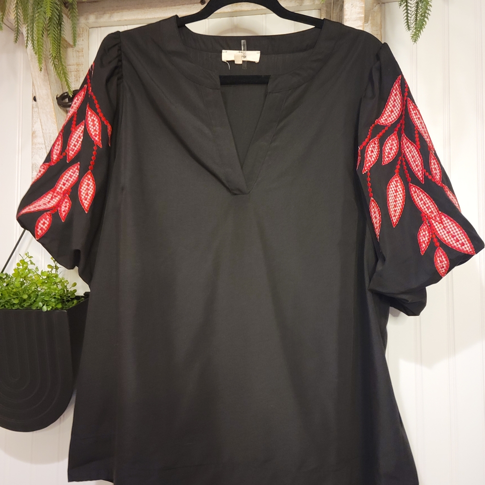 Entro Black Blouse with Red Leaf Embroidery